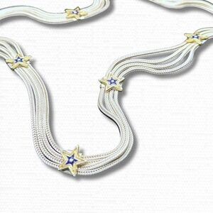Silver Star Necklace, Multi Strand Sterling Station Choker Gold, Blue Enamel EUC